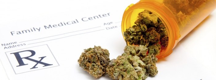 Medical marijuana coming out of a pill bottle on a prescription form